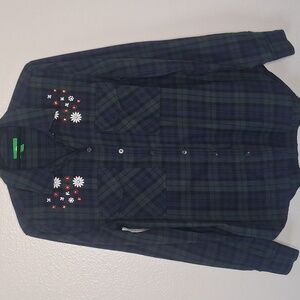 Dip Women Shirt Long Slv Plaid Floral Embroidery Beaded Boho Fall M